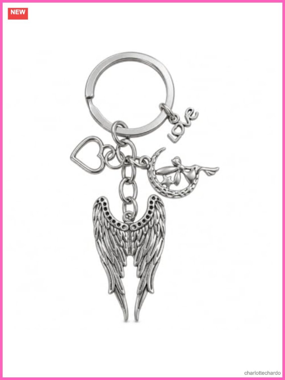 Angel Wing Keychain Metal Bag Charm with Heart Moon Fairy Pendant